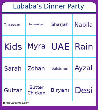 Lubaba's Dinner Party Bingo Card