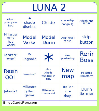LUNA 2 Bingo Card