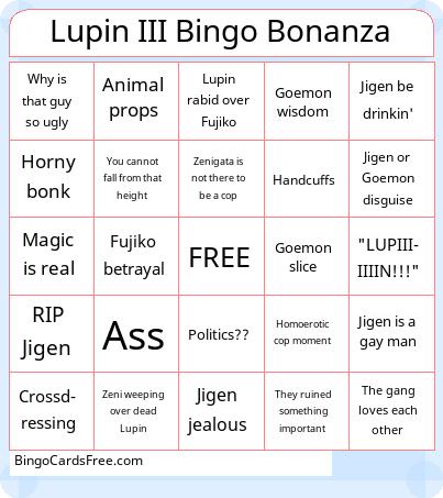 Lupin III Bingo Bonanza Cards Free Pdf Printable Game, Title: Lupin III Bingo Bonanza