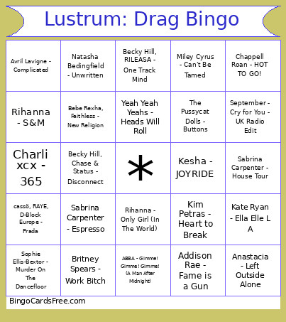 Lustrum: Drag Bingo Card