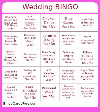 Lydia and Ethan Wedding Bingo