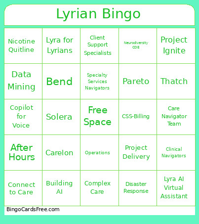 Lyrian Bingo Card