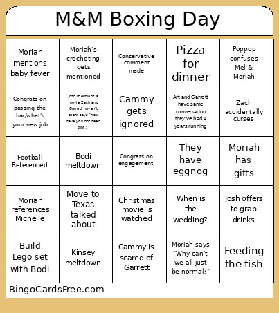 M&M Boxing Day Bingo Card