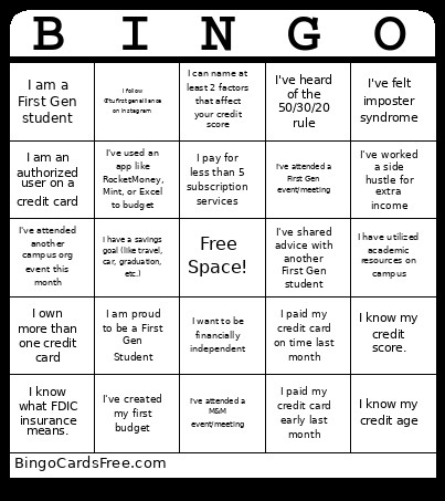 M&m/first Gen Alliance Bingo Card
