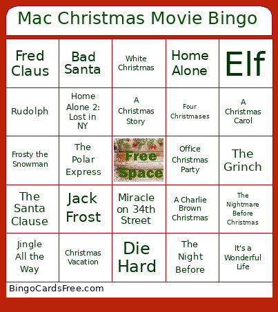 Mac Christmas Movie Bingo Card