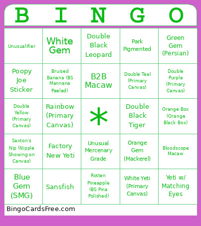 Macaw Bingo Card