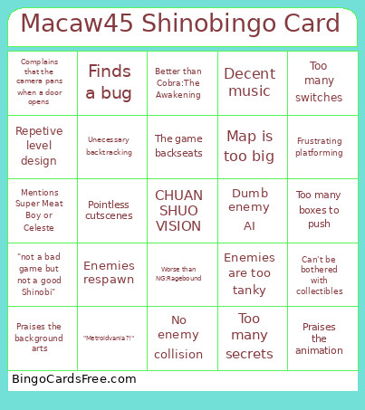 Macaw45 Shino Bingo Card