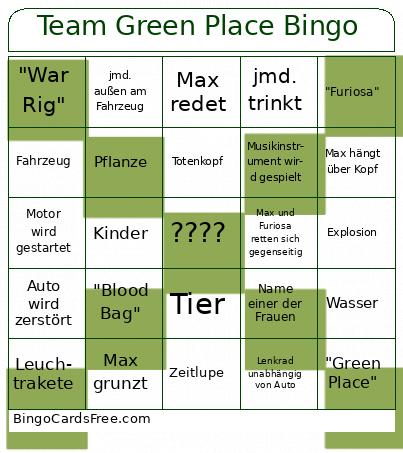 Mad Max Fury Road Bingo Cards Free Pdf Printable Game, Title: Team Green Place Bingo