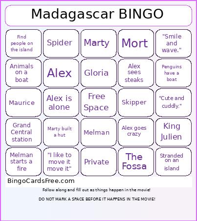 Madagascar Bingo Card