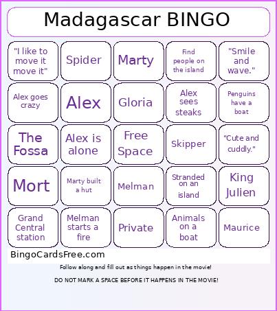 Madagascar Movie Bingo Card