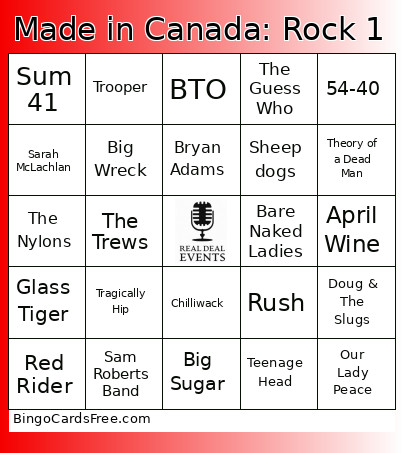Made In Canada: Rock 1 Bingo Card