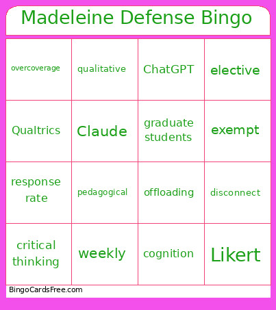 Madeleine Defense Bingo Card