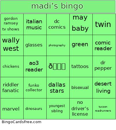 Madi’s Bingo Card