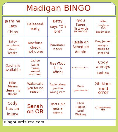 Madigan Bingo Card