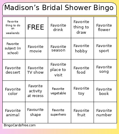 Madison’s Bridal Shower Bingo Card