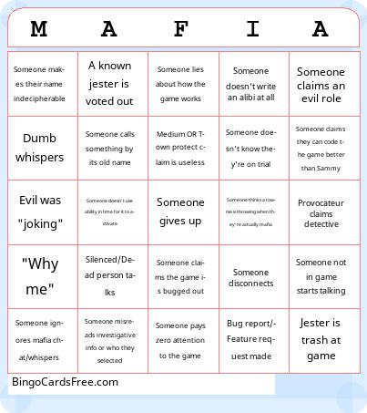 Mafia bingo Cards Free Pdf Printable Game, Title: MAFIA