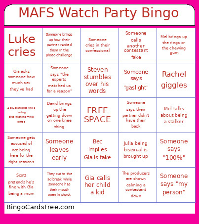 MAFS Watch Party Bingo Card