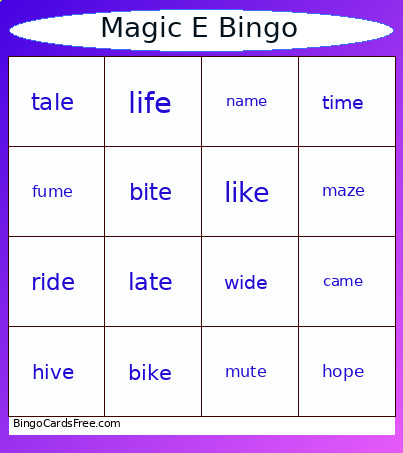 Magic E Bingo Card