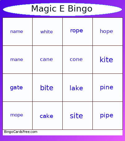 Magic E Game Bingo Card
