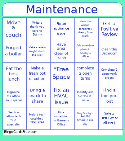 Maintenance Bingo Card