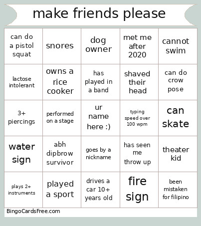 Make Friends Please Bingo Card