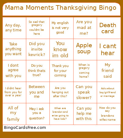 Mama Moments Thanksgiving Bingo Card