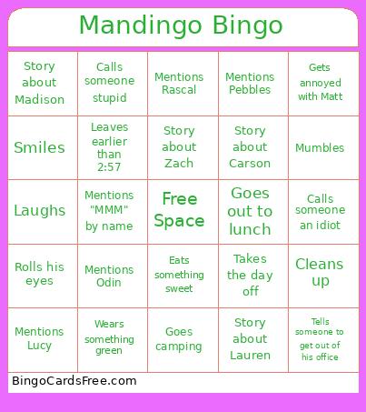 Mandingo Bingo Card