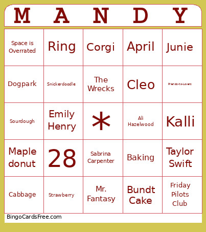 Mandy 28th Bday Bingo Card