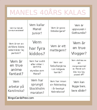 MANELS 40ÅRS KALAS Bingo Card