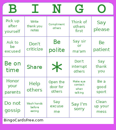 Manners Bingo Card