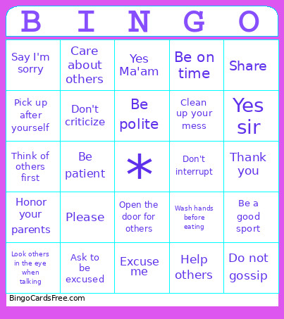 Manners Bingo Card