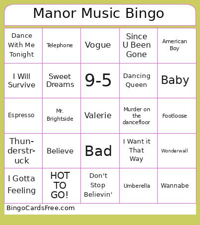Manor Music Bingo