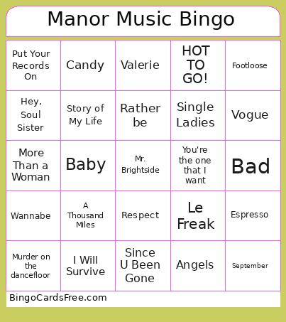 Manor Music Bingo