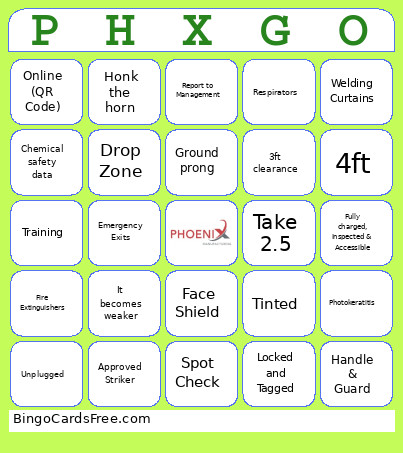 Manufacturing Safety Training Bingo Card