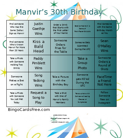 Manvir’s 30th Birthday Bingo Card