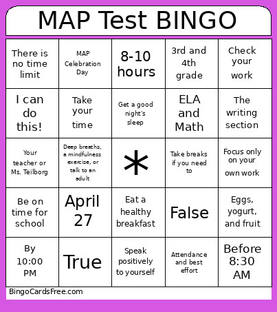 MAP Test Bingo Card