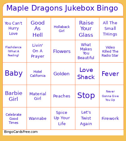 Maple Dragons Jukebox Bingo Card