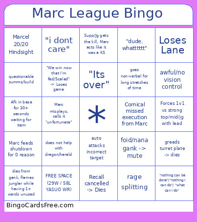 Marc League Bingo Card