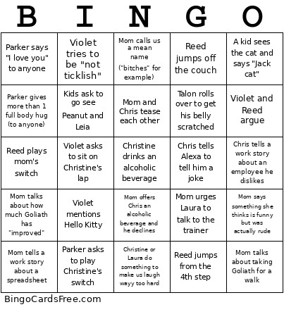March 1st Family 2 Bingo Card