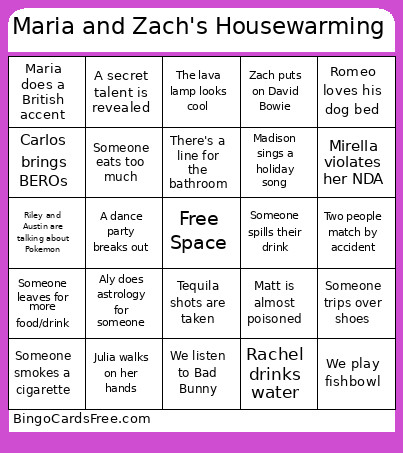 Maria And Zach's Housewarming Bingo Card