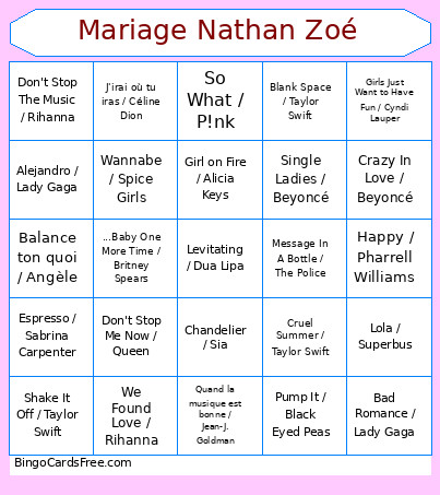 Mariage Nathan Zoé Bingo Card