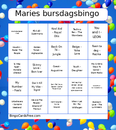 Maries Bursdags Bingo Card