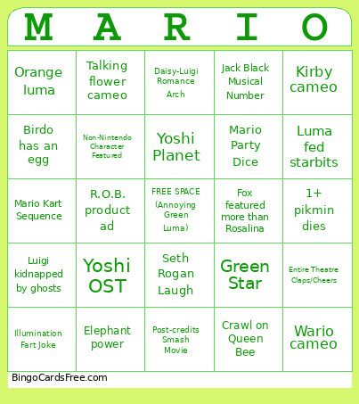 Mario Galaxy Movie Bingo Card 2