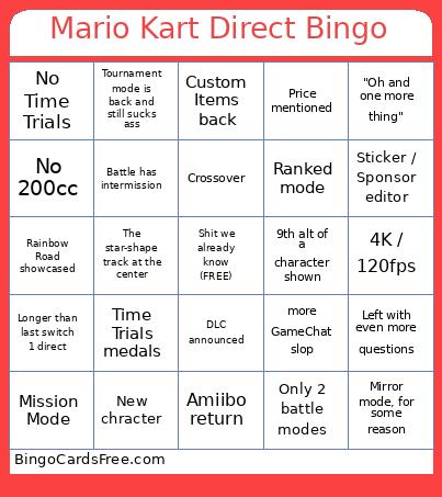 Mario Kart Direct Bingo Card