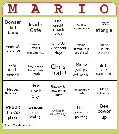 Mario Movie Bingo Card