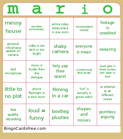 Mario Plush Slop Video Bingo Card