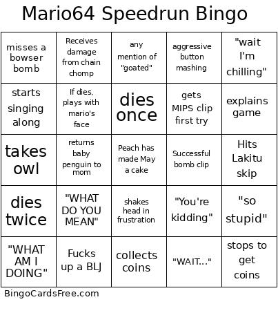 Mario64 Speedrun Bingo Card