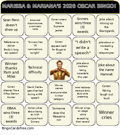 MARISSA & MARIANA'S 2026 OSCAR ! Bingo Card