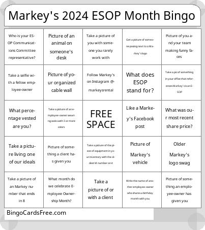 Markeys ESOP Bingo Cards Free Pdf Printable Game, Title: Markey's 2024 ESOP Month Bingo