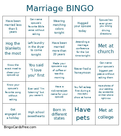 Marriage Bingo Card